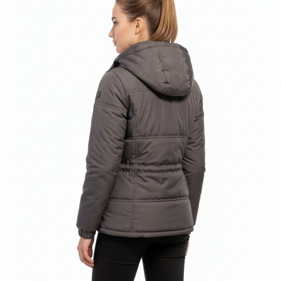 WOMEN Gray Padded Hooded Winter Jacket Sz(S) - Quilted Drawstring "Love Me Now" - Picture 5 of 10